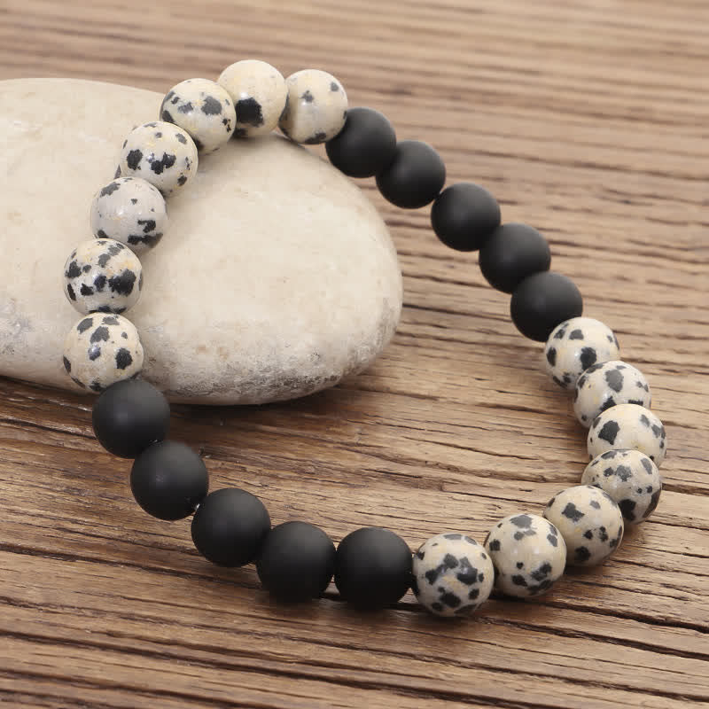 KarmaRipple's 108 Mala Beadwork Zebra Jasper Frosted Stone Protection Tassel Bracelet ( p6