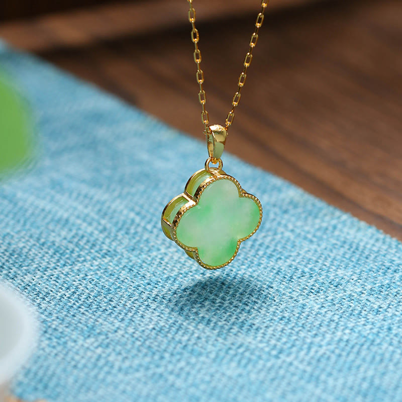 KarmaRipple's Four Leaf Clover Jade Pattern Fortune Pendant Necklace p4