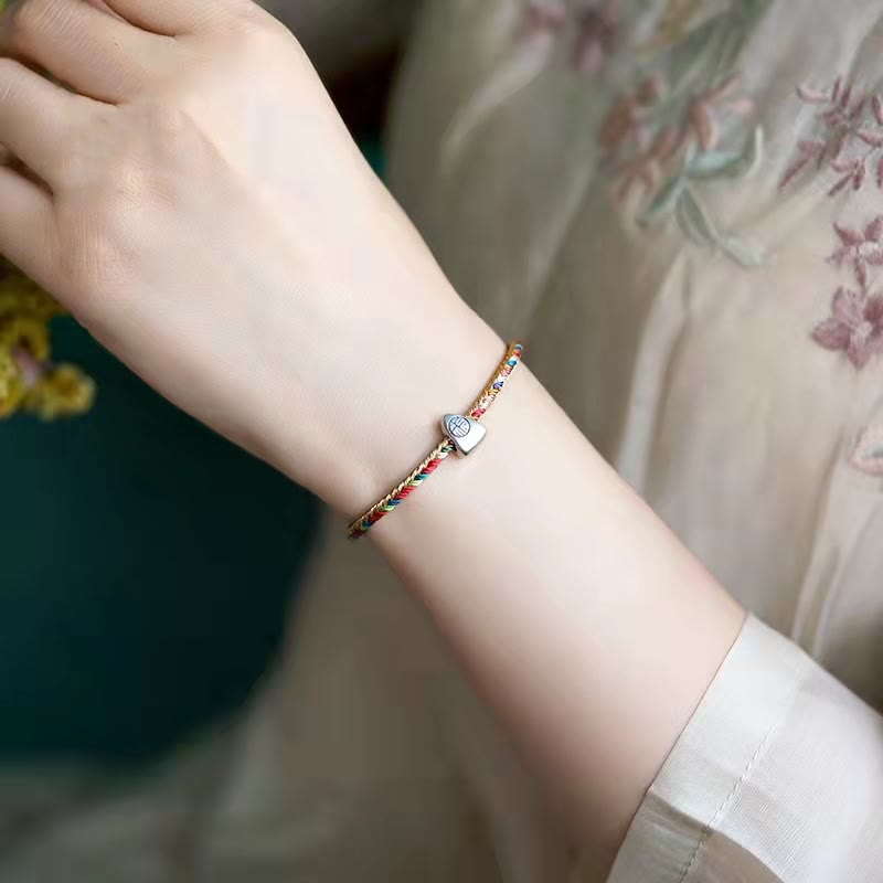 KarmaRipple's 925 Sterling Silver Fu Character Zongzi Pattern Multicolored String Fortune Handmade Woven Bracelet p12