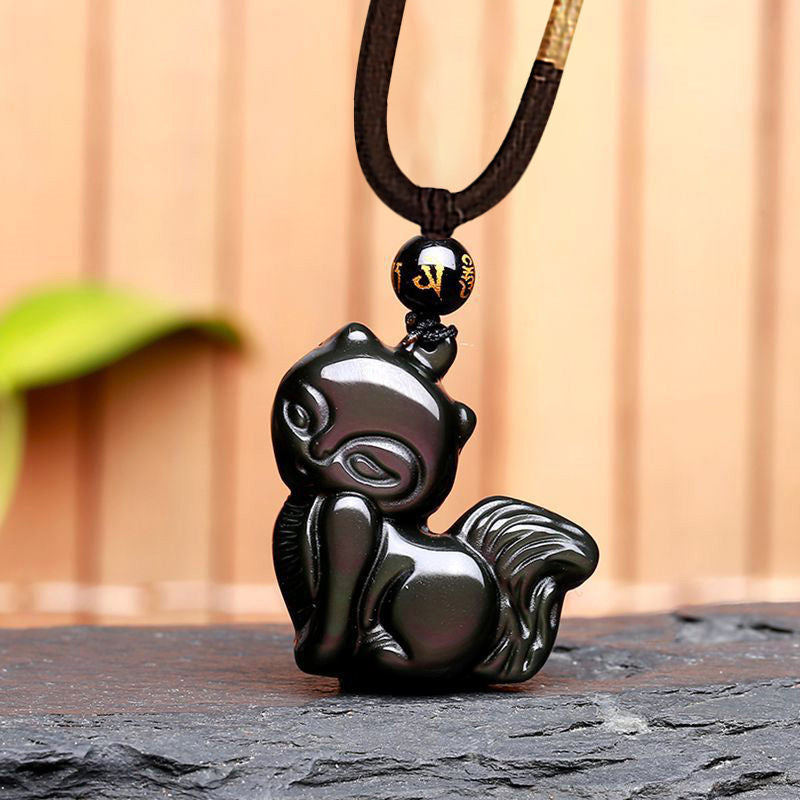 KarmaRipple's Authentic Rainbow Obsidian Gold Sheen Obsidian Nine Tailed Fox Positive Pendant Necklace p5