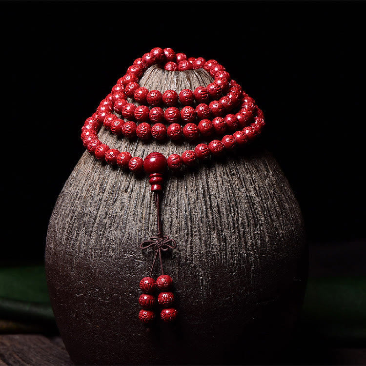 KarmaRipple's 108 Mala Beadwork Cinnabar Om Mani Padme Hum Pattern Engraved Blessing Bracelet p12