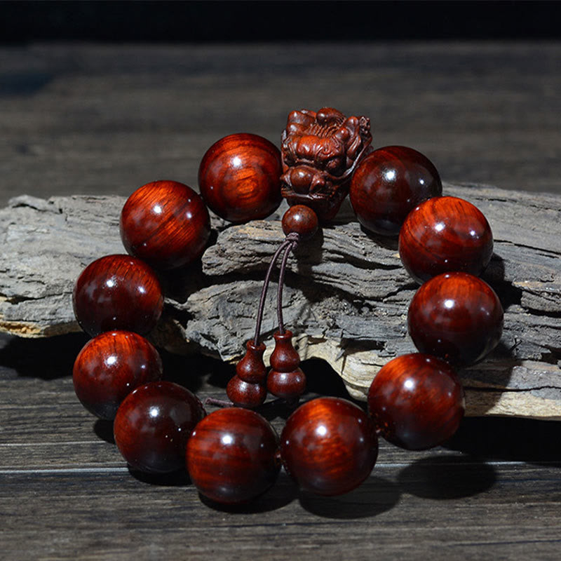 KarmaRipple's Rosewood Green Sandalwood Small Leaf Red Sandalwood Agarwood Dragon Carved Protection Bracelet p18