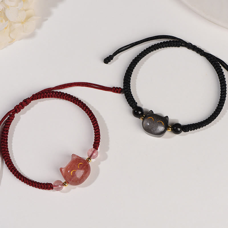 KarmaRipple's Handmade Authentic Silver Sheen Obsidian Strawberry Quartz Cute Cat Protection Woven Bracelet p5