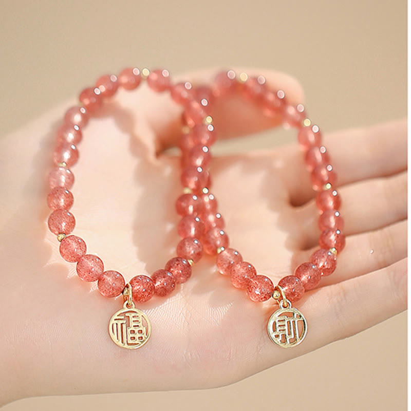 KarmaRipple's 14K Gold Plated Strawberry Quartz Fu Character Balancing Talisman Bracelet p10