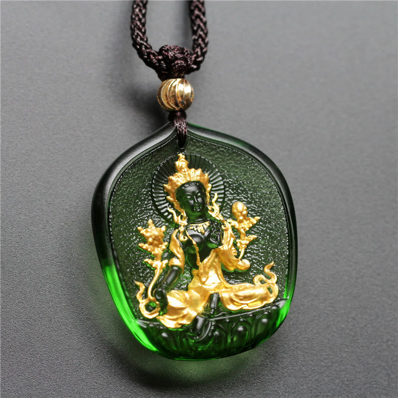 KarmaRipple's Tibetan Green Tara Buddha Gold Plated Liuli Gemstone Protection Pendant Necklace p1