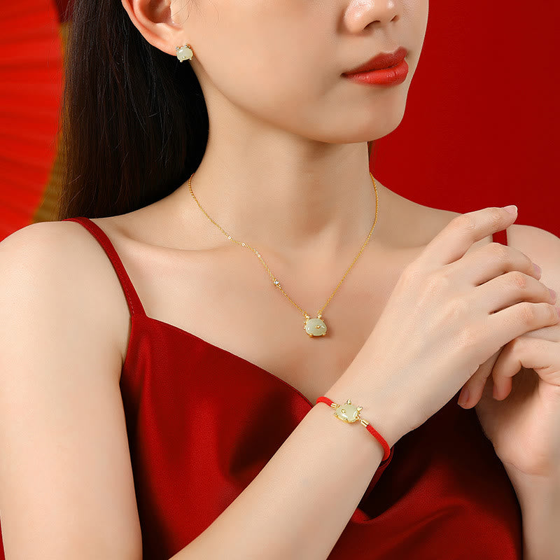KarmaRipple's 925 Sterling Silver Year of the Dragon Authentic Hetian Jade Red Agate Cute Dragon Protection Success Bracelet Pendant Necklace Earrings p12