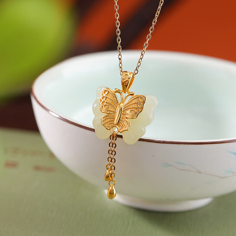 KarmaRipple's 925 Sterling Silver Plated Gold Hetian Ivory Jade Butterfly Blessing Pendant Necklace p3