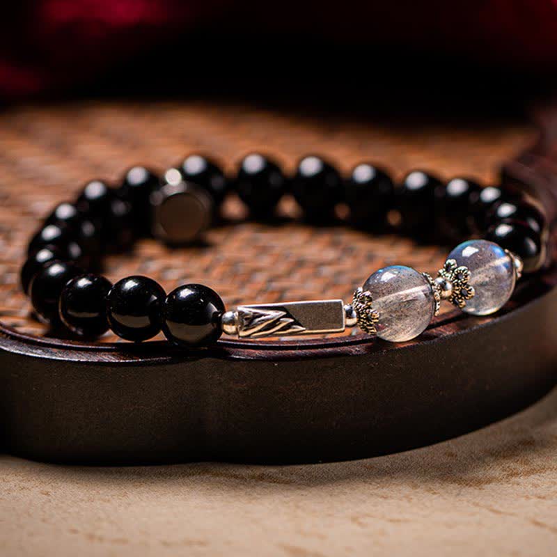 KarmaRipple's 925 Sterling Silver Obsidian Moonstone Strength Pair Bracelet p15
