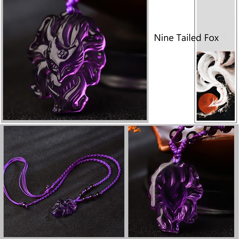 KarmaRipple's Authentic Amethyst Ivory Gemstone Citrine Nine Tailed Fox Fortune Pendant Necklace p10