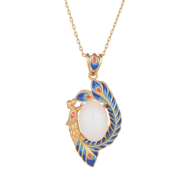 KarmaRipple's Ivory Jade Peacock Bronze Blessing Pendant Necklace p5