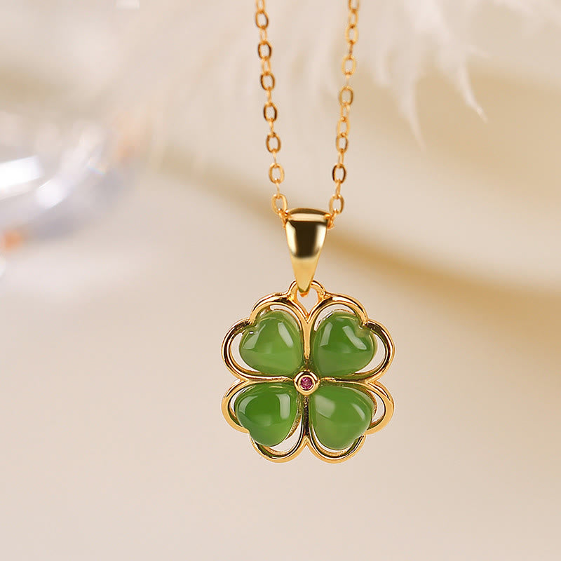 KarmaRipple's 925 Sterling Silver Hetian Cyan Jade Fortunate Four Leaf Clover Balancing Pendant Necklace p5
