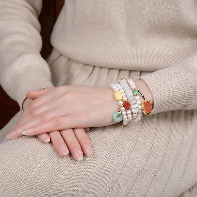 KarmaRipple's 925 Sterling Silver Pearl Hetian Jade Red Agate Double Happiness Amber Fortune Quadruple Wrap Bracelet p5
