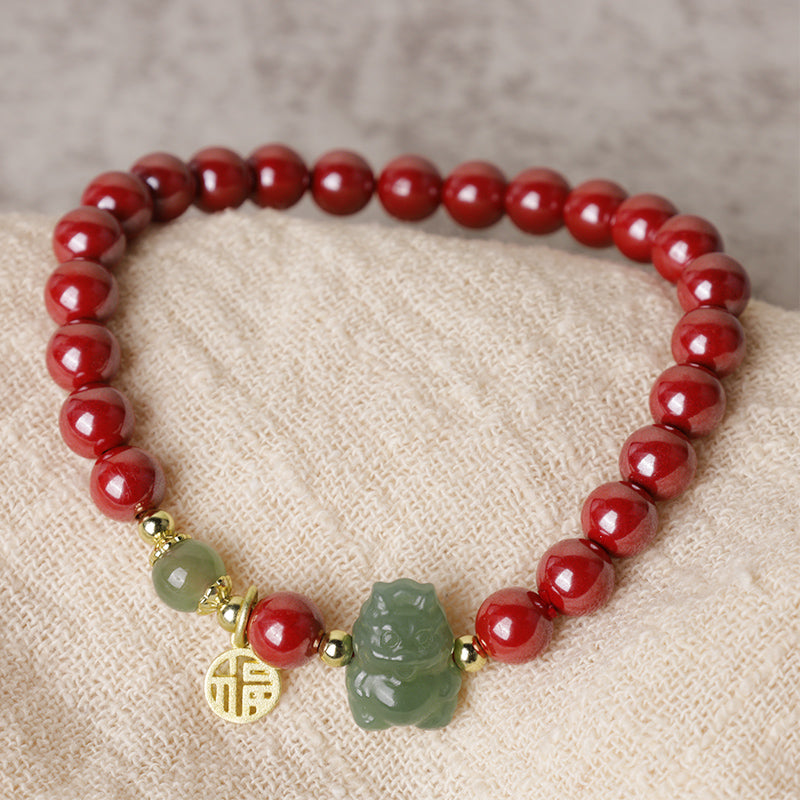 KarmaRipple's 925 Sterling Silver Year of the Dragon Authentic Cinnabar Hetian Jade Dragon Fu Character Ruyi As one'shes Talisman Blessing Bracelet ( p5
