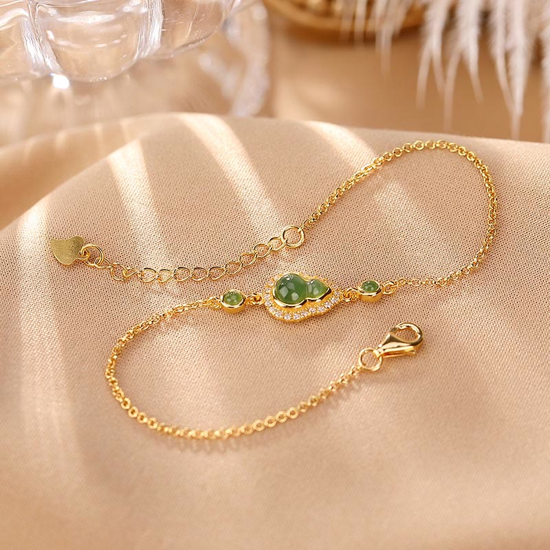 KarmaRipple's 925 Sterling Silver Plated Gold Authentic Hetian Cyan Jade Gourd Fortune Bracelet Ring Set p3