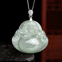 KarmaRipple's 925 Sterling Silver Authentic Jade Laughing Buddha Prosperity Abundance Chain Pendant Necklace