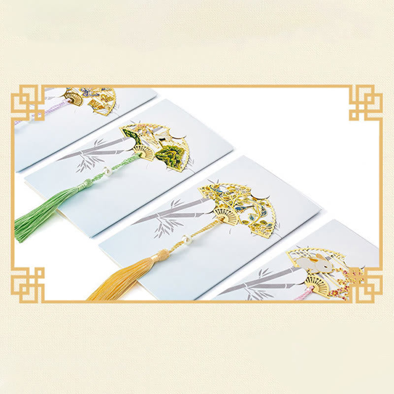 KarmaRipple's Traditional Butterfly Lotus Flower Crane Dragon Phoenix Fox Koi Fish New Beginning Metal Brass Hollow Fan Bookmarks p27