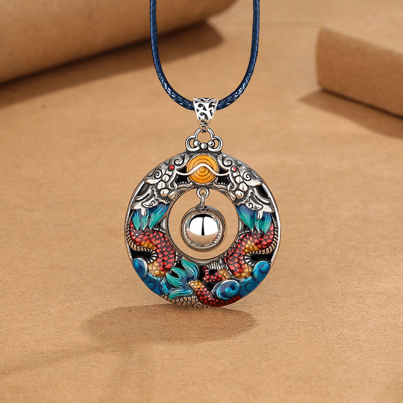 KarmaRipple's Year of the Dragon Colorful Double Dragons Playing Bead Bronze Protection Pendant Necklace p4