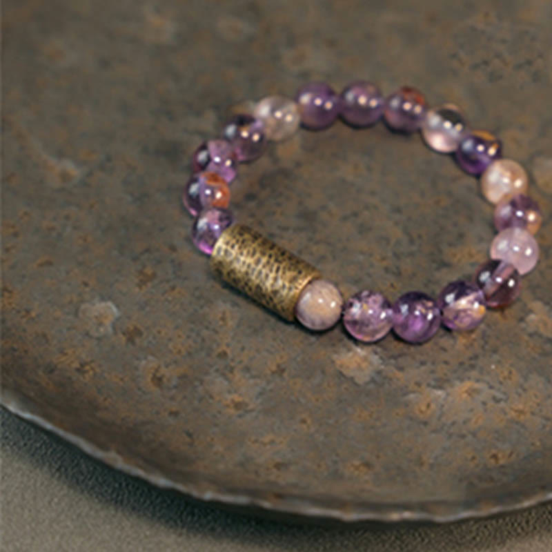 KarmaRipple's Ivory Gemstone Red Hematoid Quartz Gold Rutilated Quartz Purple Phantom Protection Bracelet p26