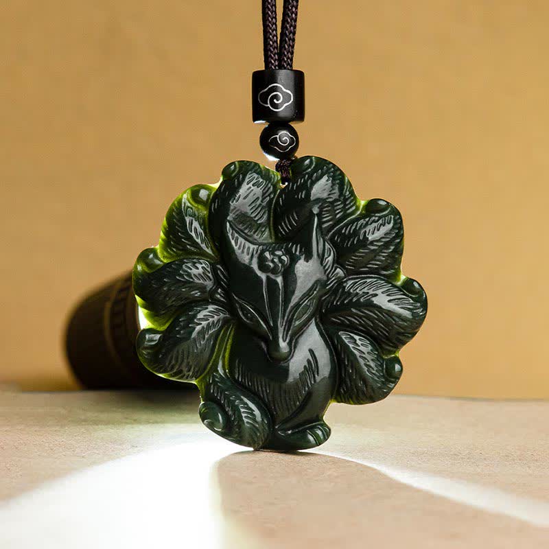 KarmaRipple's Hetian Cyan Jade Nine Tailed Fox Fortune Pendant String Necklace p9