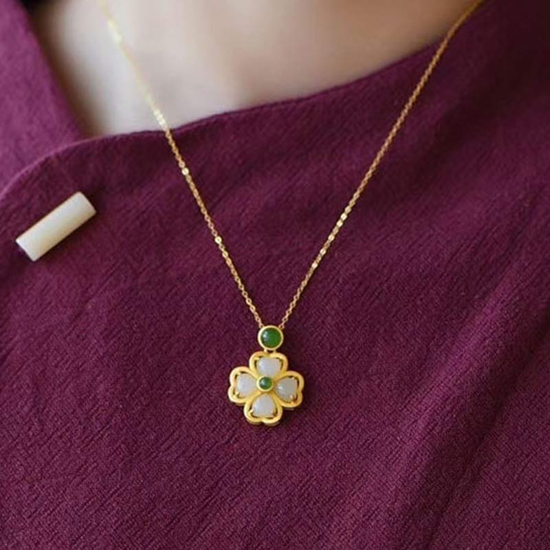KarmaRipple's 925 Sterling Silver Fortunate Four Leaf Clover Jade Prosperity Pendant Chain Necklace p8