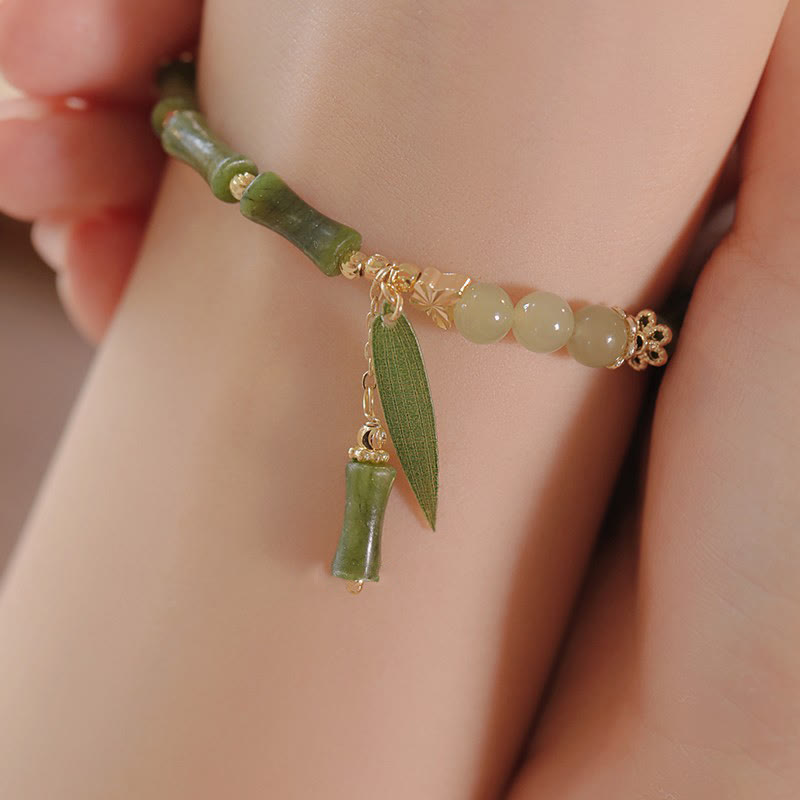 KarmaRipple's Jade Bamboo Leaf Lily Of The Valley Pattern Fortune Abundance Bracelet p3