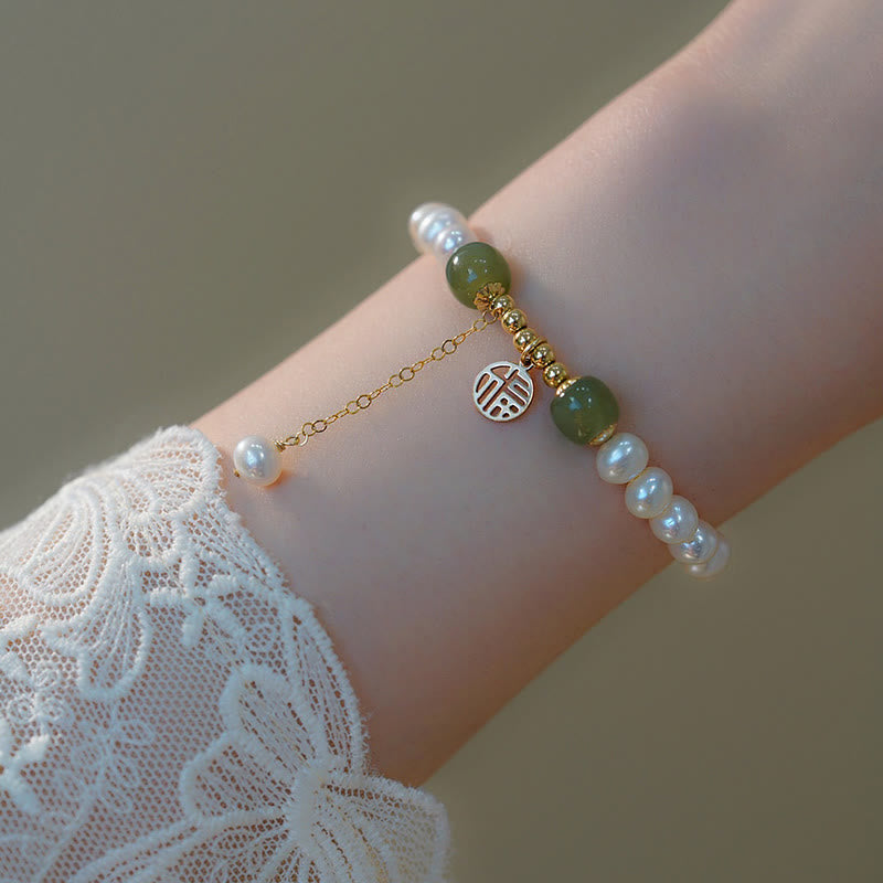 KarmaRipple's Authentic Pearl Hetian Jade Happiness Wisdom Bead Bracelet p5