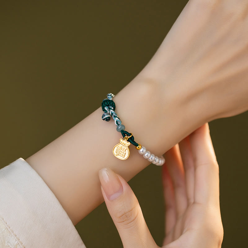 KarmaRipple's 925 Sterling Silver Fu Character Fortunate Bag Pearl Hetian Jade Wisdom Rope Bracelet p8