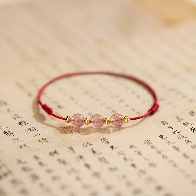 KarmaRipple's Strawberry Gemstone Beadwork Fortune Red String Anklet p2
