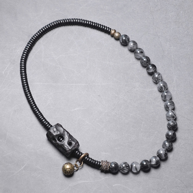 KarmaRipple's Black Rutilated Quartz Ebony Wood Bronze Wisdom Pair Bracelet p13