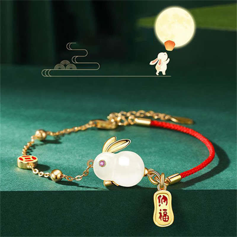 KarmaRipple's Year of the Rabbit Ivory Jade Happiness Red String Chain Bracelet p8