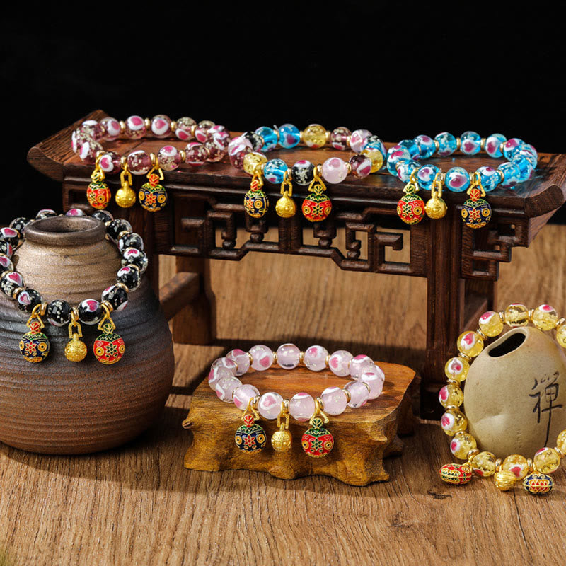 KarmaRipple's Gold Swallowing Beast Family Pink Love Heart Luminous Fluorescent Liuli Glass Bead Bracelet p13