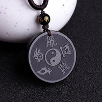 KarmaRipple's Authentic Black Obsidian Taoism Five Sacred Mountains Nine-Character Mantra Carved Strength Yin Yang Pendant Necklace Key Chain