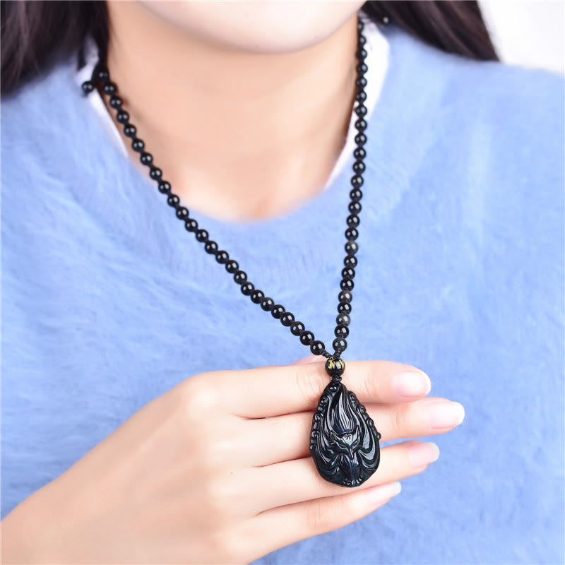 KarmaRipple's Authentic Rainbow Obsidian Nine Tailed Fox Inner Peace Pendant Beaded String Necklace p5