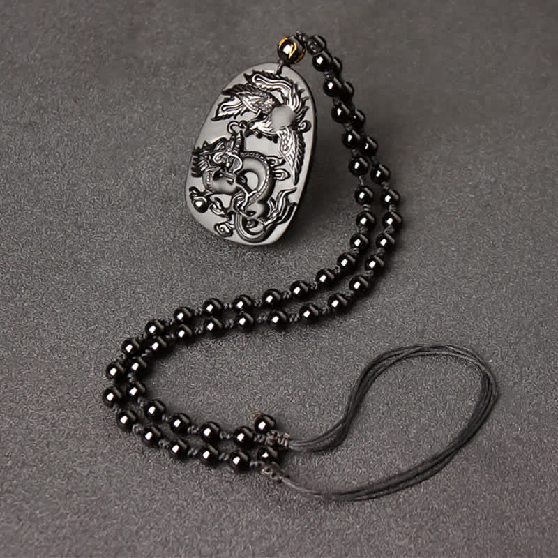 KarmaRipple's Black Obsidian Tiger Eye Dragon Phoenix Protection Beaded Pendant Necklace p3