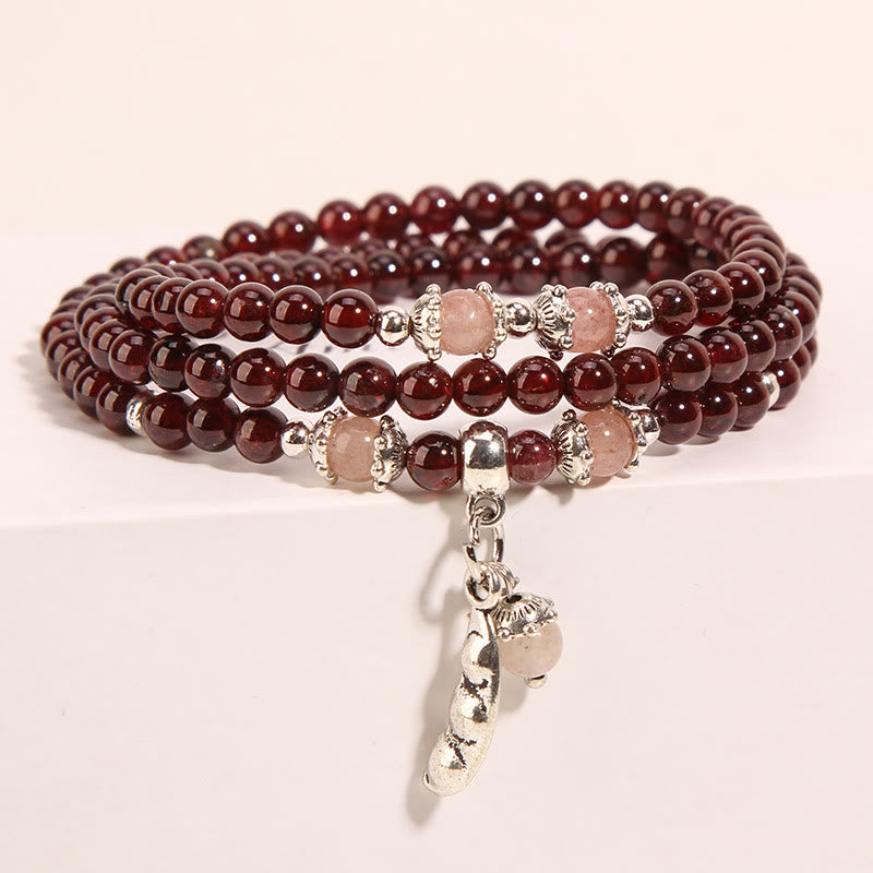 KarmaRipple's Authentic Garnet Strawberry Quartz Green Beans PiXiu Protection Triple Wrap Bracelet p1