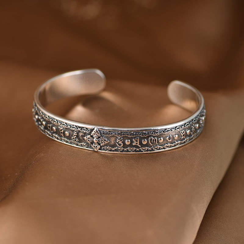KarmaRipple's 925 Sterling Silver Om Mani Padme Hum Double Dorje Engraved Wisdom Cuff Bracelet Bangle p19