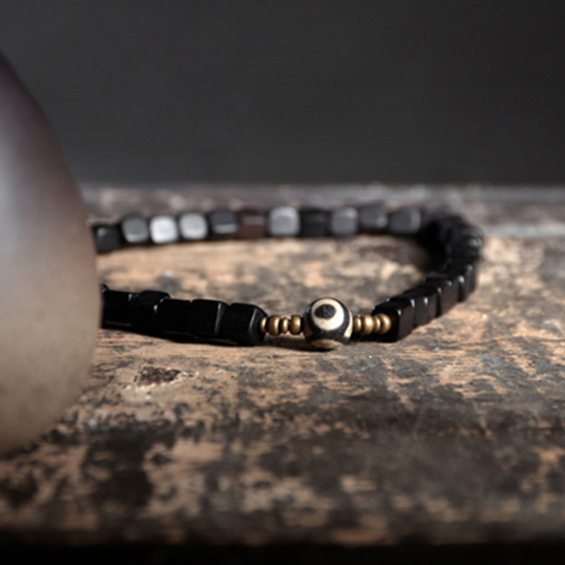 KarmaRipple's Ebony Wood Dzi Bead Bronze Peace Pair Bracelet p7