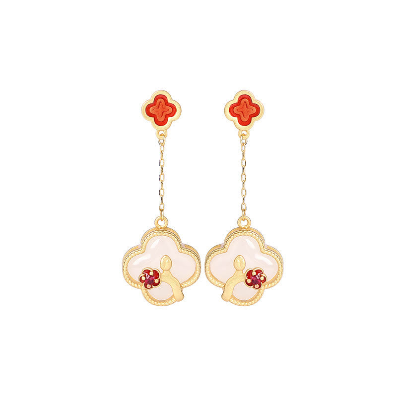 KarmaRipple's 24K Gold Plated Ivory Jade Four Leaf Clover Plum Blossom Fortune Pendant Necklace Earrings p11