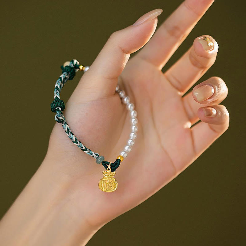 KarmaRipple's 925 Sterling Silver Fu Character Fortunate Bag Pearl Hetian Jade Wisdom Rope Bracelet p9
