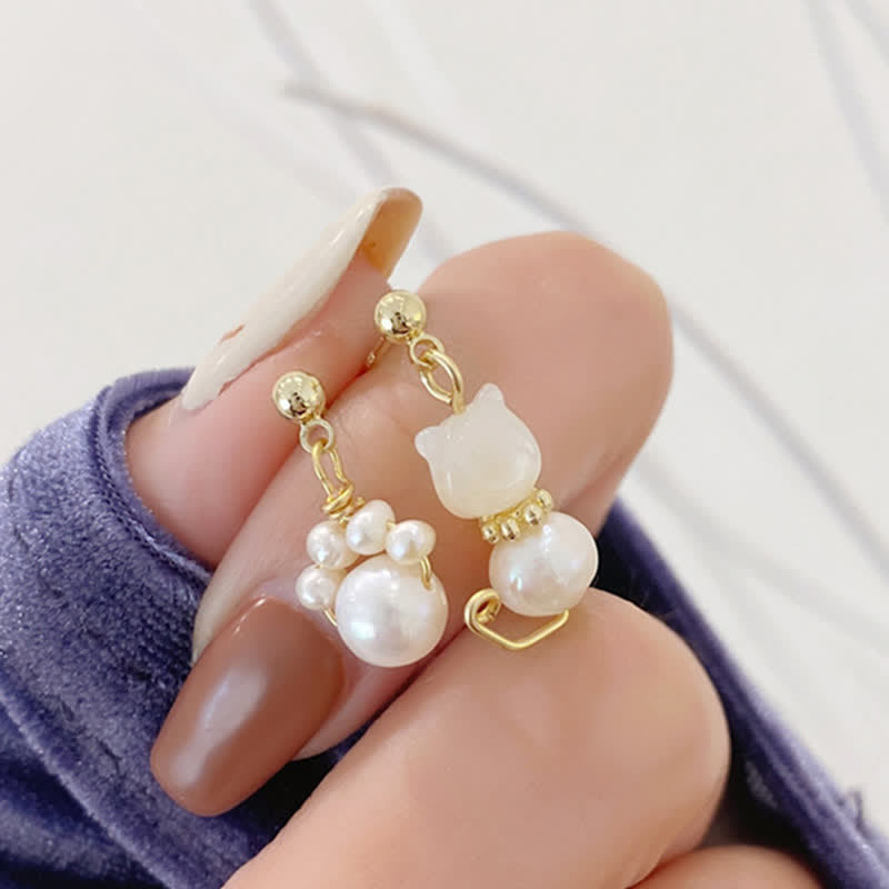 KarmaRipple's Cute Cat Paw Pearl Wisdom Stud Drop Earrings p5
