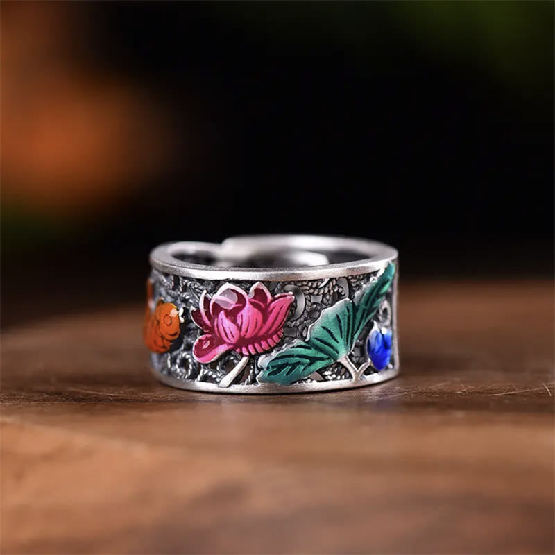 KarmaRipple's Bronze Blue Enamel Lotus Heart Sutra Koi Fish Fortune Ring p2