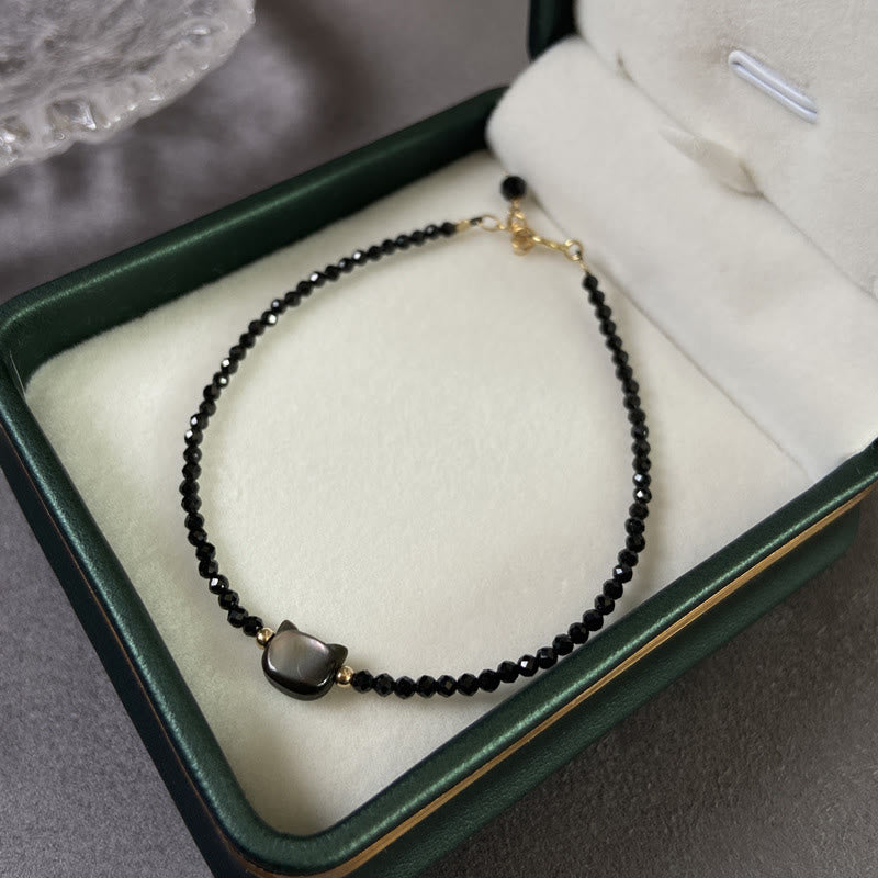 KarmaRipple's 14K Gold Plated Black Spinel Ivory Gemstone Cute Cat Tridacna Stone Balancing Bracelet p3