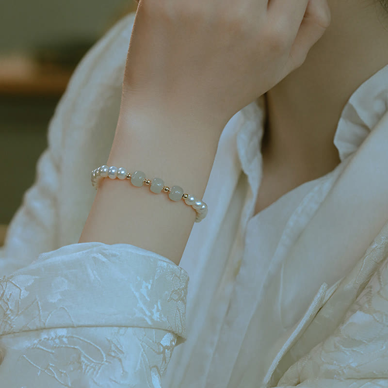 KarmaRipple's 14K Gold Plated Authentic Pearl Hetian Cyan Jade Ivory Jade Sincerity Bead Chain Bracelet p20
