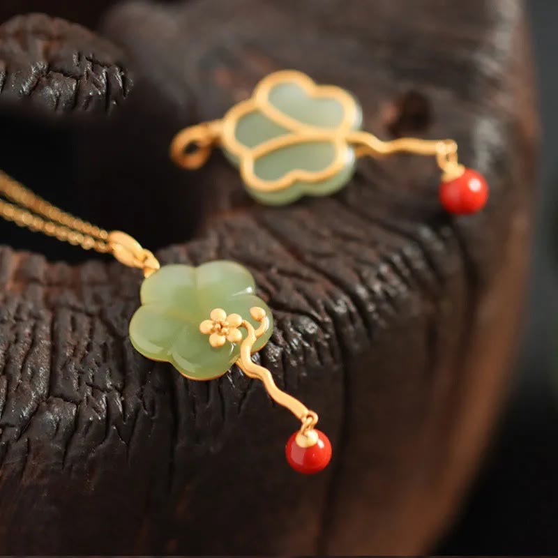 KarmaRipple's Vintage Plum Blossom Flower Jade Red Agate Prosperity Pendant Necklace p4