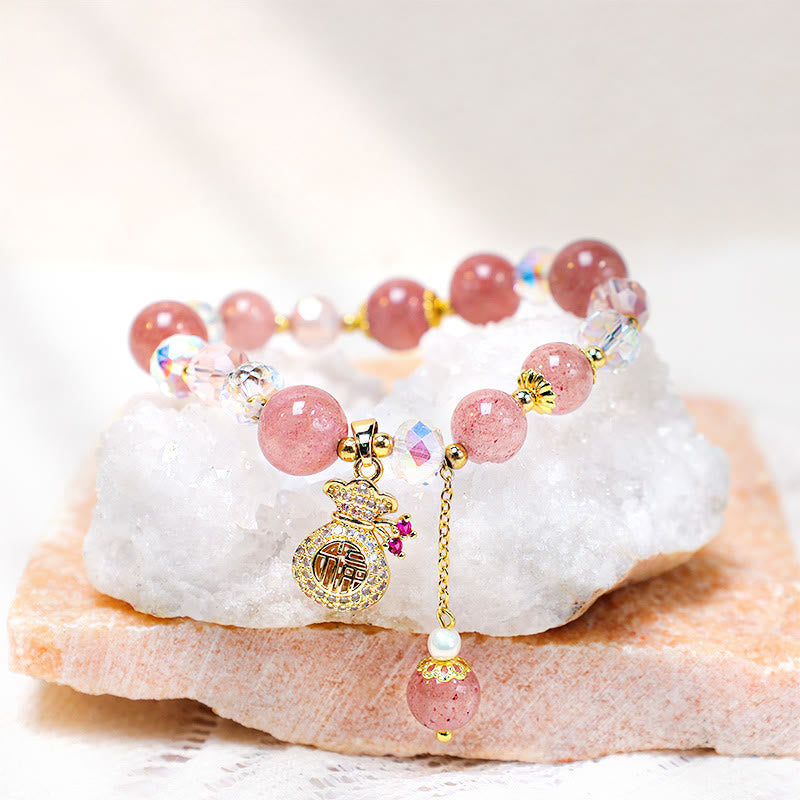 KarmaRipple's Authentic Strawberry Quartz Gemstone Money Bag Talisman Positive Bracelet p8