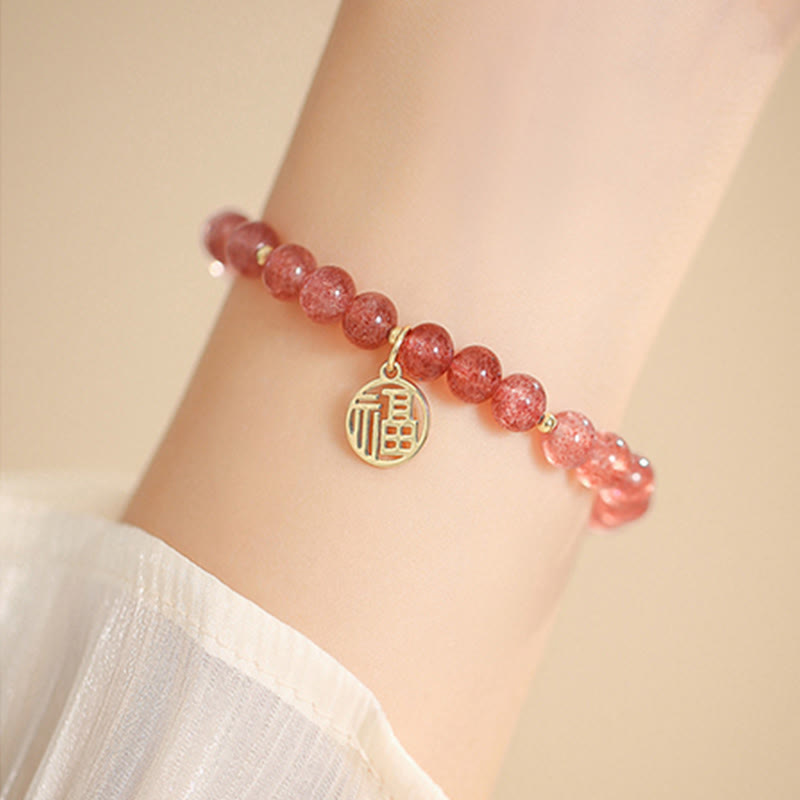 KarmaRipple's 14K Gold Plated Strawberry Quartz Fu Character Balancing Talisman Bracelet p1