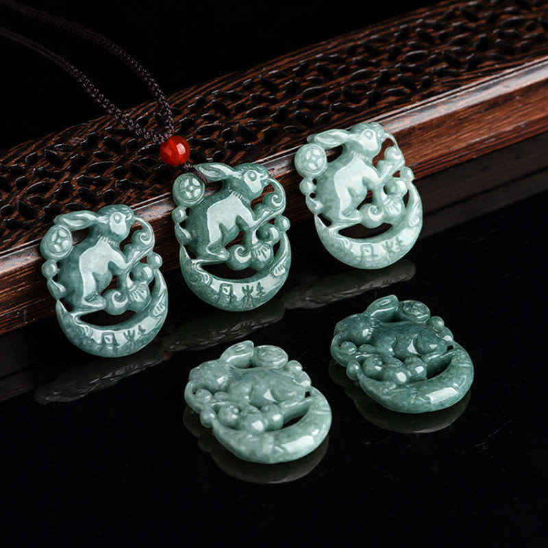 KarmaRipple's Year of the Rabbit Jade Fortune Crescent Mooon Pendant Necklace p3