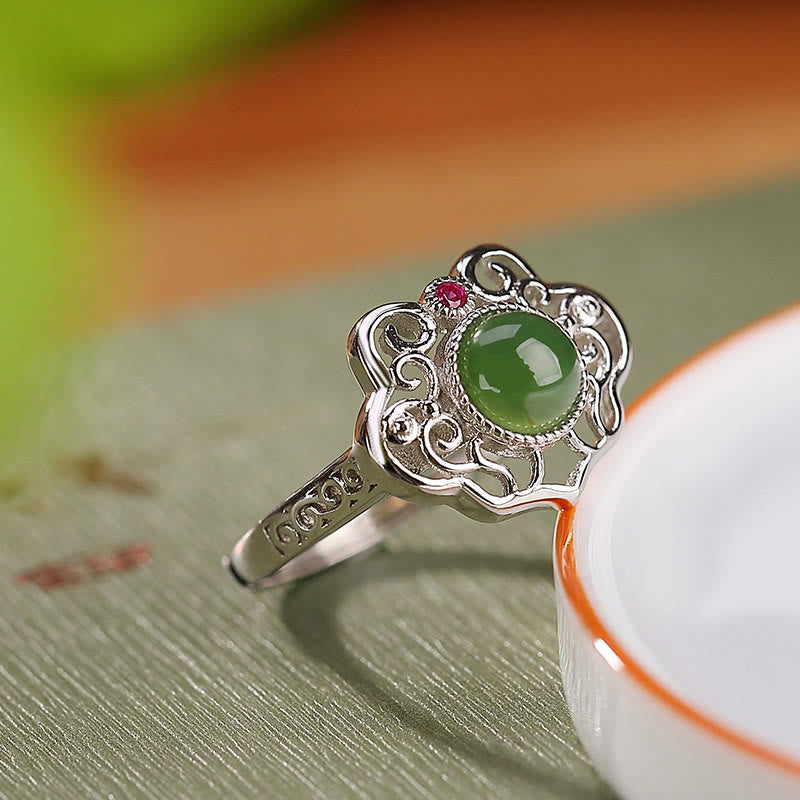 KarmaRipple's 925 Sterling Silver Authentic Hetian Cyan Jade Hollow Design Fortune Ring Earrings Set p17