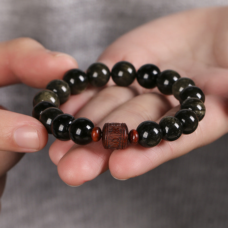 KarmaRipple's Authentic Gold Sheen Obsidian Rainbow Obsidian Om Mani Padme Hum Fu Character Balancing Bracelet p15
