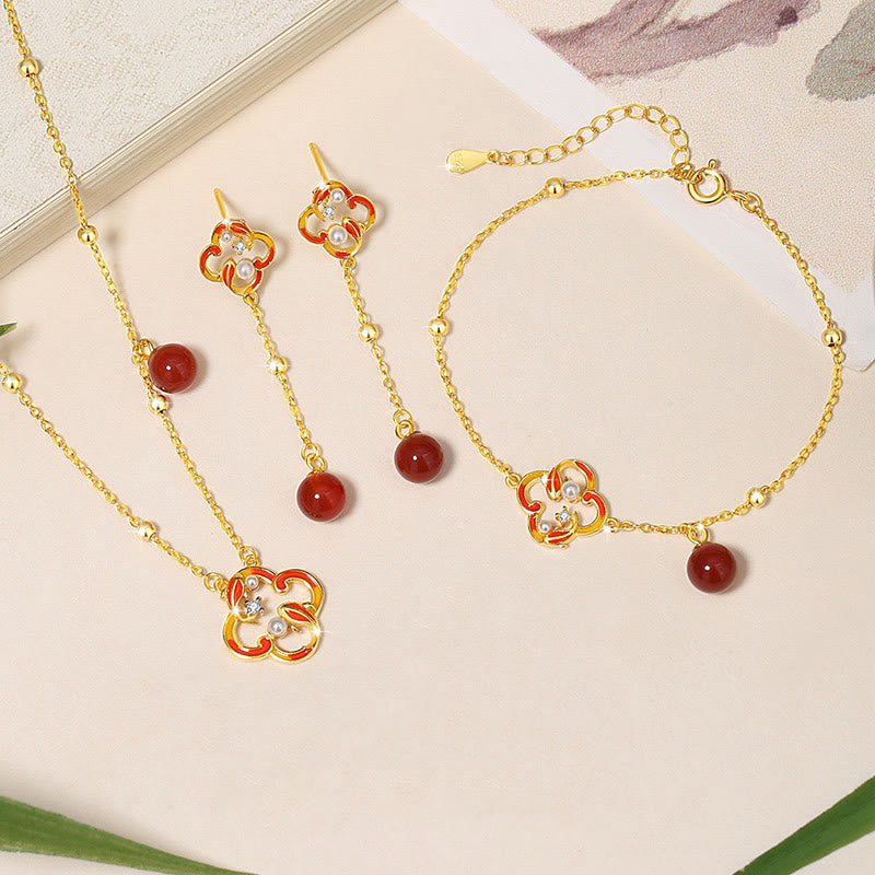 KarmaRipple's 925 Sterling Silver Four Leaf Clover Koi Fish Red Agate Pearl Wealth Bracelet Pendant Necklace Earrings Set p1